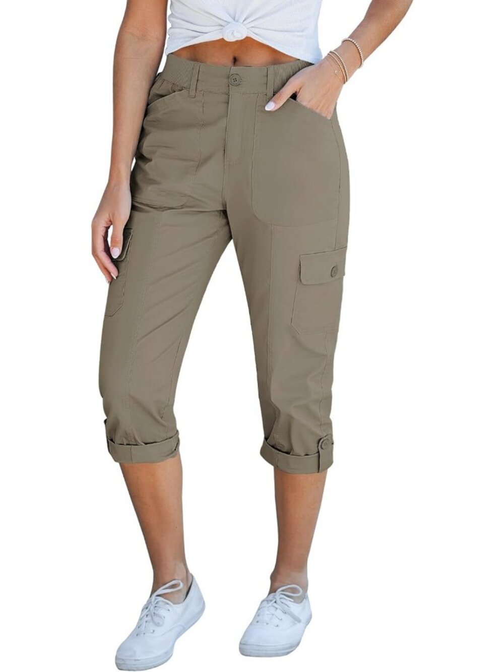 Stylish Women's Cargo Capri Pants - Elastic Waist, Cropped Design, Versatile Fit